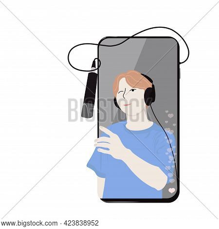 Video Blogger Teen Vector Stock Illustration. Stream On A Phone With A Microphone. Live Broadcast. S
