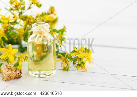 Glass Bottle Of St. John\'s Wort Essential Oil With Flowers, Alternative Medicine