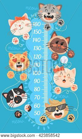 Cartoon Kids Height Chart With Funny Cats And Kittens. Vector Growth Measure Wall Meter, Ruler Scale