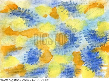 Watercolor Paint Abstract Purple Background. Blue, Yellow And Brown Spot Texture. Backdrop Of Spots 