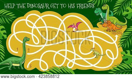 Cartoon Dinosaurs Vector Labyrinth Maze Game Or Kids Riddle. Logic Puzzle, Game Or Education Quiz Wo