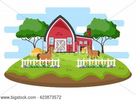 Cute Cartoon Farm Animals Vector Illustration With Cow, Horse, Chicken, Duck, Or Sheep. For Postcard