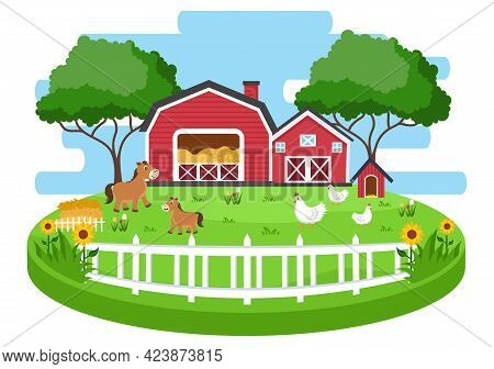 Cute Cartoon Farm Animals Vector Illustration With Cow, Horse, Chicken, Duck, Or Sheep. For Postcard