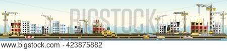 Construction Of New Microdistrict Of City. Modern Residential And Industrial Buildings. Horizontal. 