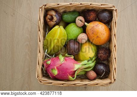 Big Basket Of Fresh Tropical Fruits, Passion Fruit, Carambola, Dragon Fruit Or Pitaya, Mangosteen, L