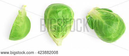 Brussel Sprouts Heap Isolated On White Background. Fresh Brussels Cabbage, Creative Layout