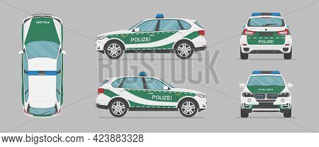 German Police Car. Side View, Front View, Back View, Top View. Cartoon Flat Illustration, Auto For G