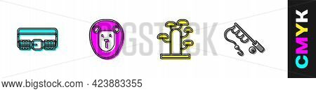 Set Hunting Cartridge Belt, Wild Lion, African Tree And Fishing Rod Icon. Vector