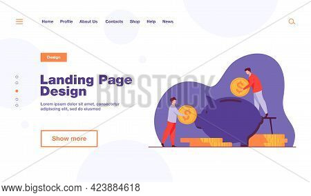 Two Investors Putting Coins In Piggybank. Bank, Money, Income Flat Vector Illustration. Finance And 
