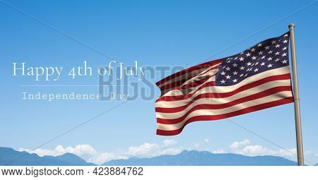 Happy independence day text and waving american flag against mountain landscape. american patriotism and independence template design concept