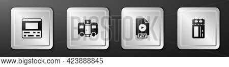 Set Video Recorder On Laptop, Actor Trailer, Flv File Document And Cinema Ticket Icon. Silver Square