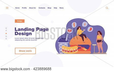 Fat Woman Keeping Unhealthy Diet, Eating Junk Food, Having High Cholesterol And Health Problem. Vect