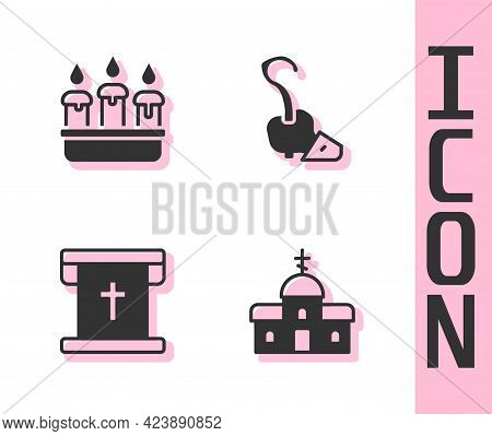 Set Church Building, Burning Candle Candlestick, Flag With Christian Cross And Magic Staff Icon. Vec