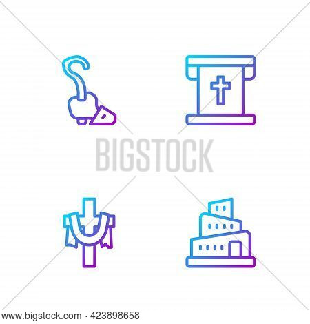 Set Line Babel Tower Bible Story, Christian Cross, Magic Staff And Flag With Christian. Gradient Col