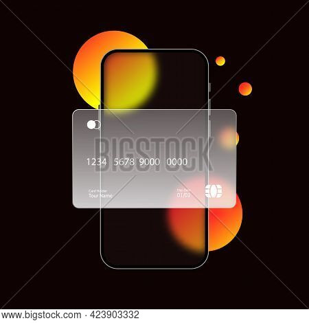 Glassmorphism Style. Phone With Credit Card Icon. Cashless Payment. Realistic Glass Morphism Effect 