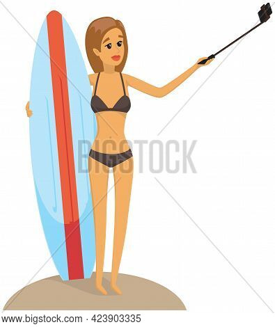 Girl Is Having Summer Vacation And Surfing. Woman In Swimsuit Is Photographed On Phone Camera. Lady 