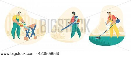 Yard And Garden Cleaning Set. Male Character Is Mowing Lawn With Trimer And Cleaning Leaves With Gar