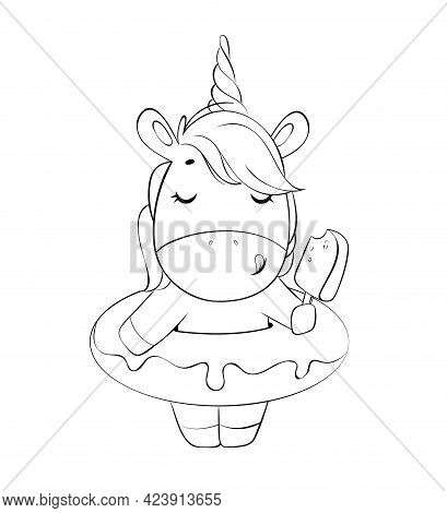 Cute Linear Unicorn, Summer Design. Funny Magic Black And White Unicorn Cartoon Character. Usable Fo