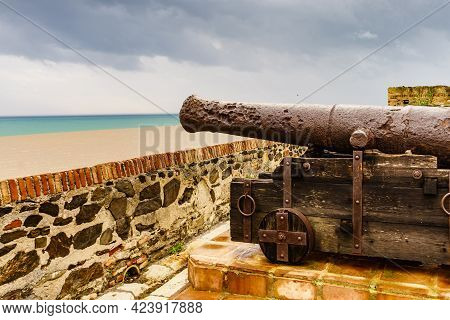 Old Cannon At Sohail Castle In Fuengirola, Near Malaga Spain. Tourist Attraction. Intersting Place T