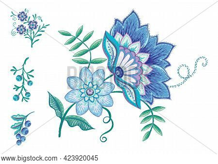 Fantasy Flowers In Retro, Vintage, Jacobean Embroidery Style. Embroidery Imitation Isolated On White