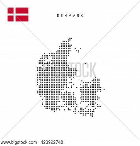 Square Dots Pattern Map Of Denmark. Danish Dotted Pixel Map With National Flag Isolated On White Bac