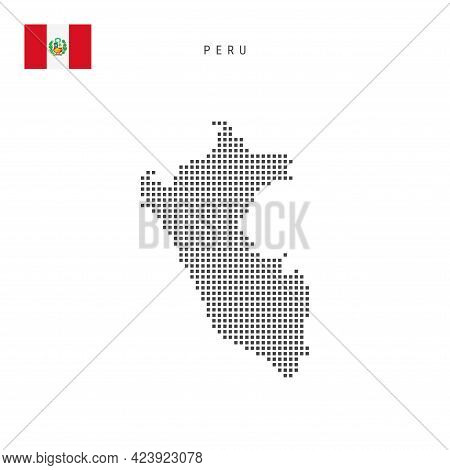 Square Dots Pattern Map Of Peru. Peruvian Dotted Pixel Map With National Flag Isolated On White Back
