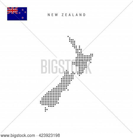 Square Dots Pattern Map Of New Zealand. Kiwi Dotted Pixel Map With National Flag Isolated On White B