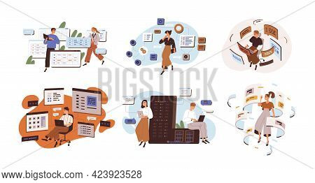 Concept Of Software Development And Web Programming. Set Of People Coding And Working With Cms Archi
