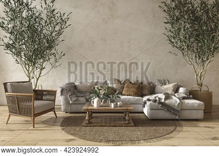 Scandinavian Farmhouse Style Beige Living Room Interior With Mock Up Wall Backgroundm 3d Render Illu
