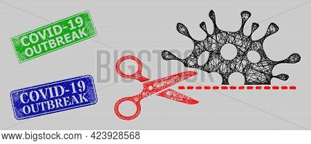 Carcass Net Mesh Cut Coronavirus Model, And Covid-19 Outbreak Blue And Green Rectangle Corroded Seal