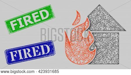 Carcass Hatched Mesh Fired House Model, And Fired Blue And Green Rectangular Dirty Seals. Frame Net 