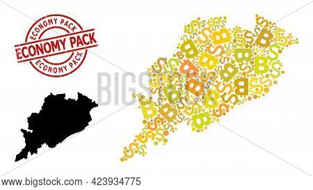 Scratched Economy Pack Stamp Seal, And Currency Collage Map Of Odisha State. Red Round Stamp Seal Co
