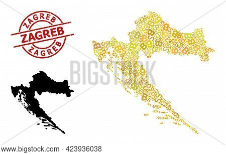 Textured Zagreb Stamp, And Financial Mosaic Map Of Croatia. Red Round Stamp Contains Zagreb Tag Insi