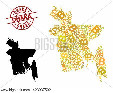 Scratched Dhaka Seal, And Financial Mosaic Map Of Bangladesh. Red Round Stamp Seal Has Dhaka Tag Ins
