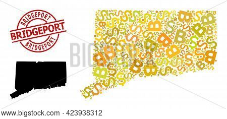 Scratched Bridgeport Badge, And Financial Mosaic Map Of Connecticut State. Red Round Badge Has Bridg