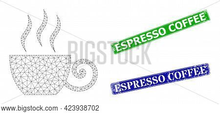 Mesh Coffee Cup Image, And Espresso Coffee Blue And Green Rectangle Dirty Seals. Polygonal Carcass I