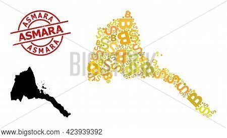 Distress Asmara Stamp Seal, And Banking Collage Map Of Eritrea. Red Round Stamp Seal Contains Asmara