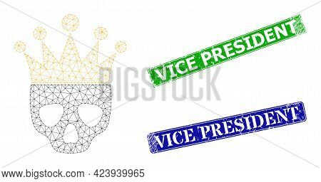 Polygonal Dead King Model, And Vice President Blue And Green Rectangle Grunge Seals. Polygonal Wiref