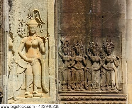 Group Of Nang Apsars,sandstone Carving At Siem Reap Angkor Wat Combodia World Heritage