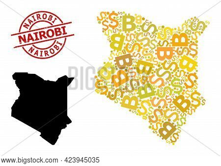 Textured Nairobi Stamp Seal, And Finance Mosaic Map Of Kenya. Red Round Stamp Seal Contains Nairobi 