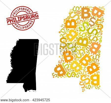 Rubber Philipsburg Stamp, And Financial Collage Map Of Mississippi State. Red Round Stamp Contains P