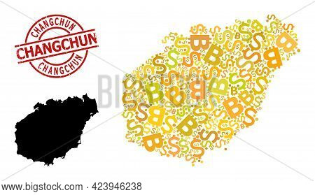 Distress Changchun Stamp Seal, And Banking Collage Map Of Hainan Island. Red Round Stamp Seal Contai