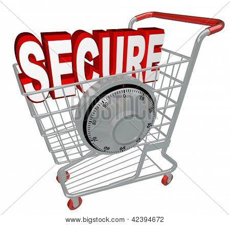 Un carrito de compras con la palabra seguro en su interior y una cerradura de combinación que simboliza la protección pro