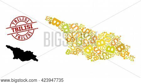 Rubber Tbilisi Stamp Seal, And Finance Mosaic Map Of Georgia. Red Round Stamp Seal Includes Tbilisi 