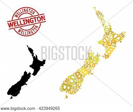 Textured Wellington Seal, And Finance Mosaic Map Of New Zealand. Red Round Seal Includes Wellington 