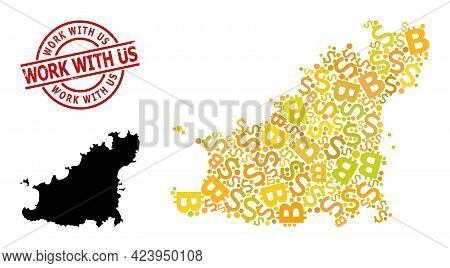 Textured Work With Us Badge, And Currency Collage Map Of Guernsey Island. Red Round Badge Has Work W