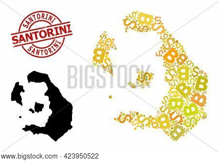 Distress Santorini Seal, And Finance Mosaic Map Of Santorini Island. Red Round Stamp Seal Has Santor