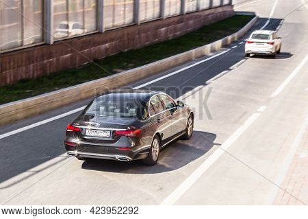 Moscow, Russia - June 2021: Zenith View Of Mercedes Benz E Class W213 Car Racing On Highway Road