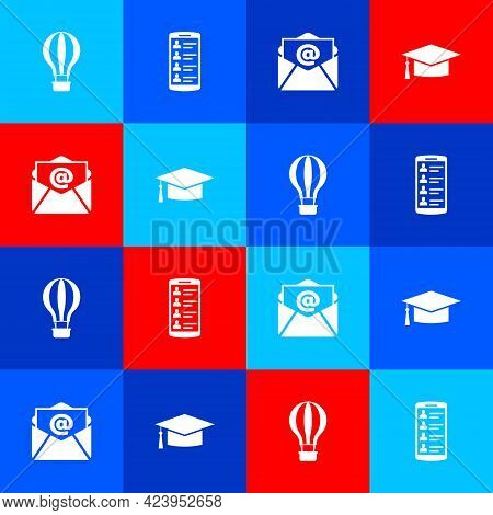 Set Hot Air Balloon, Smartphone With Contacts, Mail And E-mail And Graduation Cap Icon. Vector