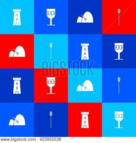 Set Castle Tower, Medieval Goblet, Bale Of Hay And Rake And Chained Mace Ball Icon. Vector